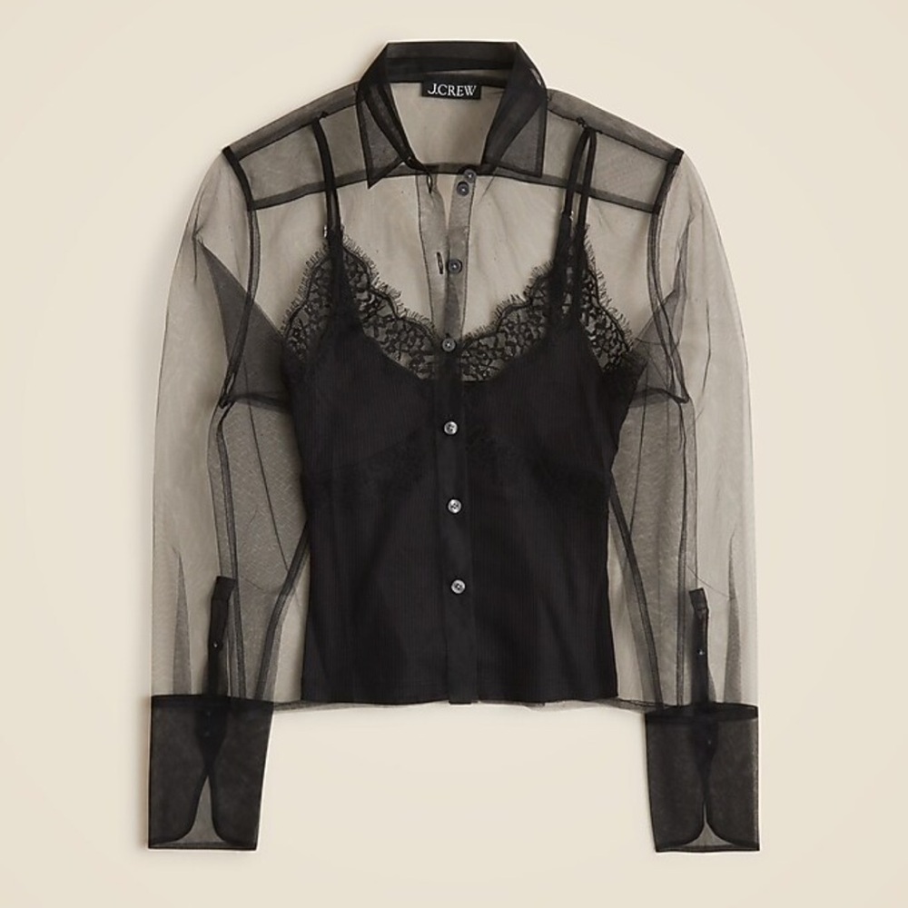 J Crew Tulle button-up shirt with lace-trim camisole